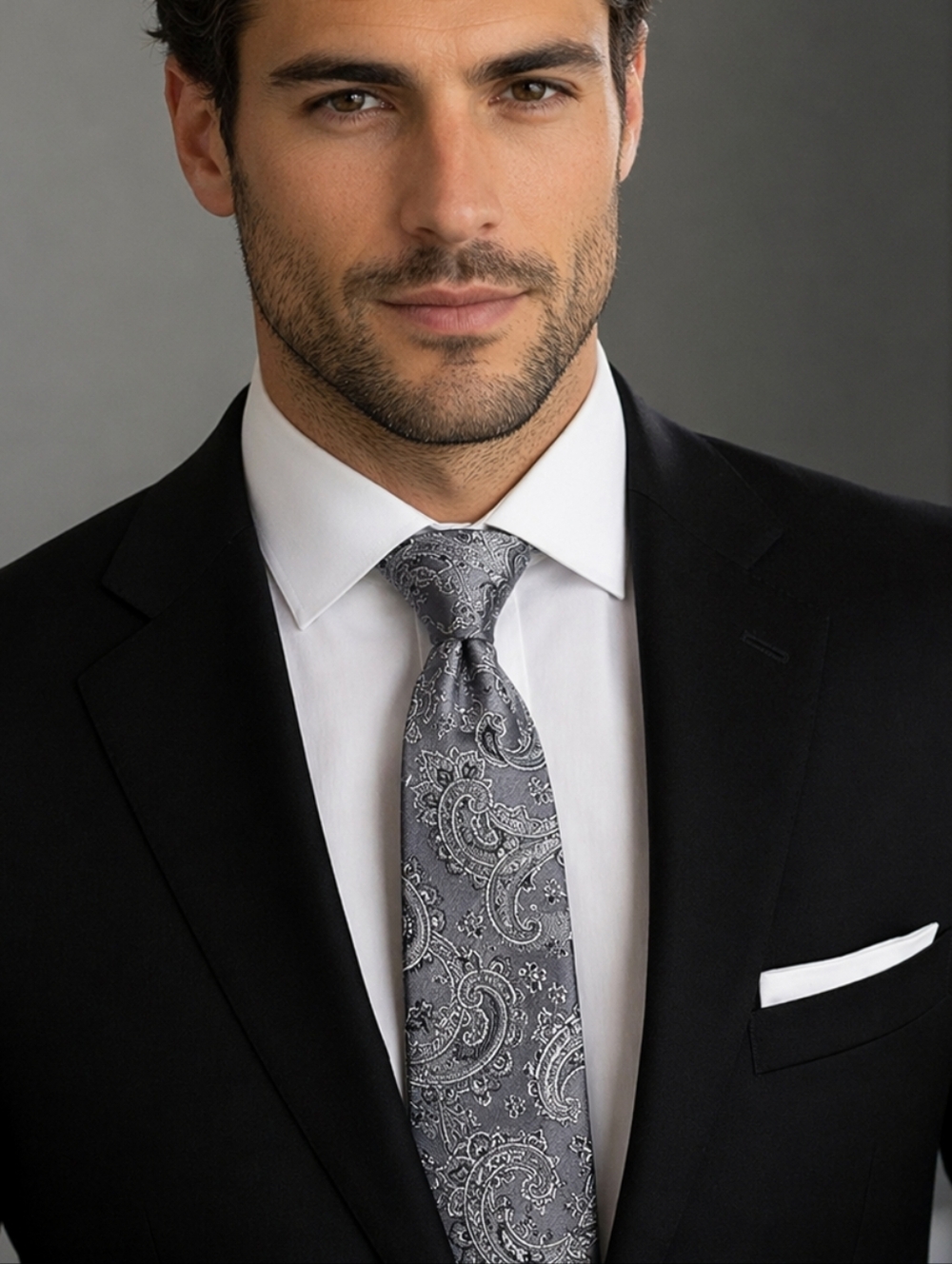 PAUL FREDRICK Charcoal Gray Silver Paisley Silk Tie Classic Formal